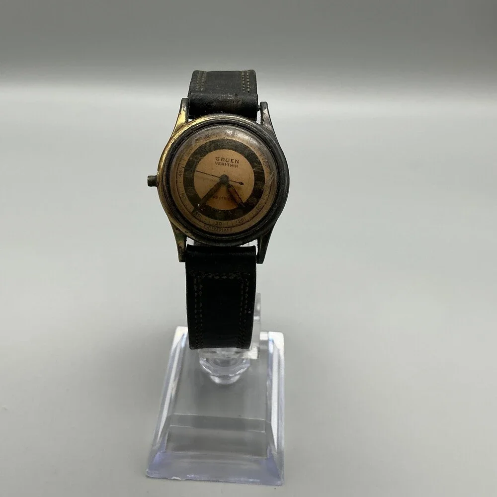 Vintage Gruen Veri-Thin Precision Mens Watch 28mm Gold Black Manual For Parts